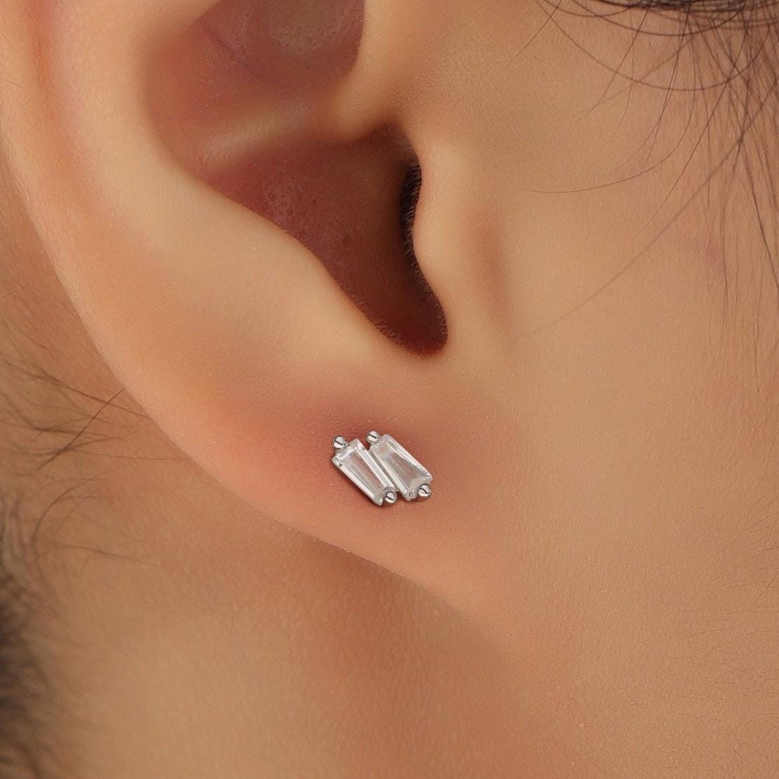 Double Trapezoid CZ 18G Screw Back Earrings in Sterling Silver