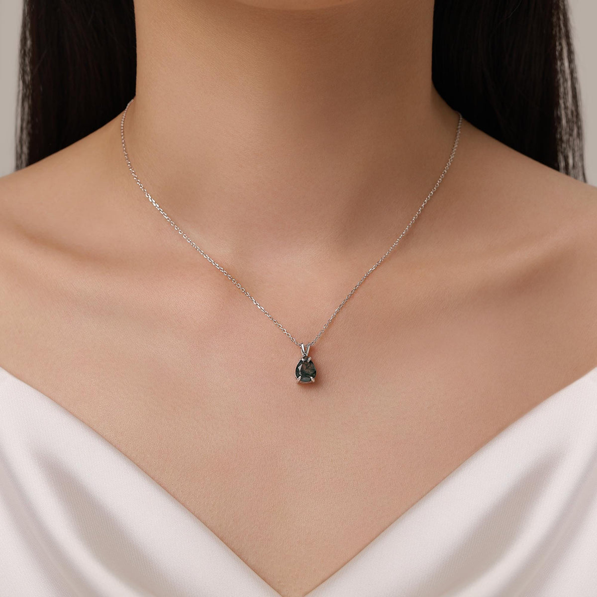 Moss Agate Pear Pendant Necklace
