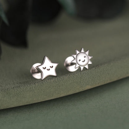 Sterling Silver Sun and Star 16G Flat Back Labret Earrings