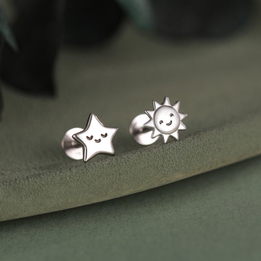 Sterling Silver Sun and Star 16G Flat Back Labret Earrings