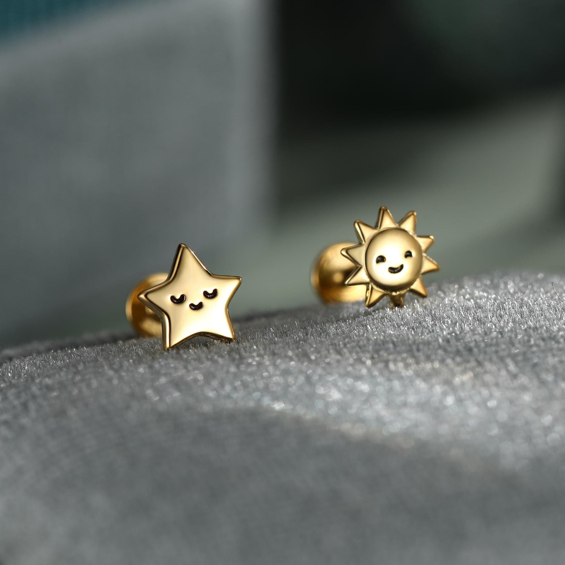 Sterling Silver Sun and Star 16G Flat Back Labret Earrings
