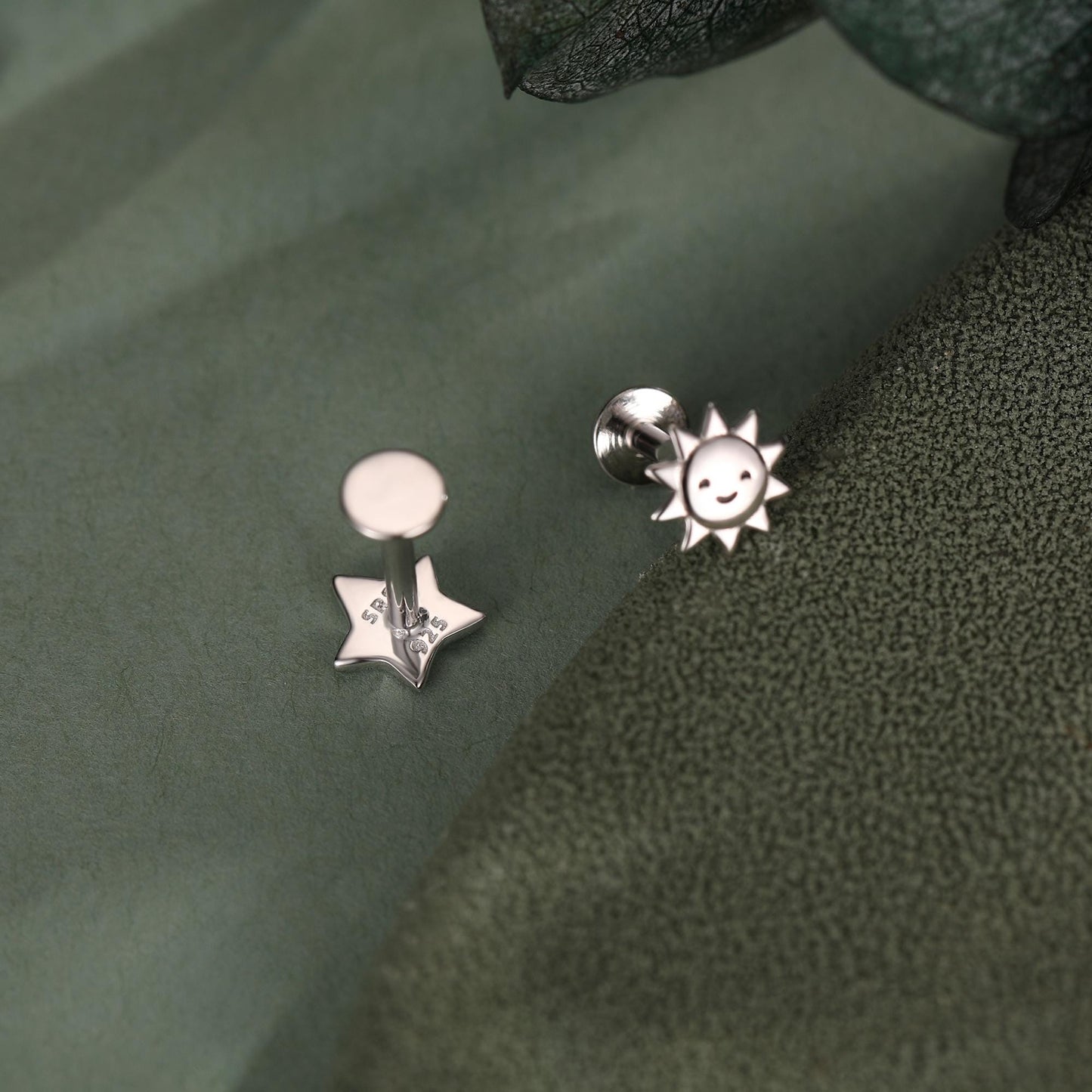 Sterling Silver Sun and Star 16G Flat Back Labret Earrings