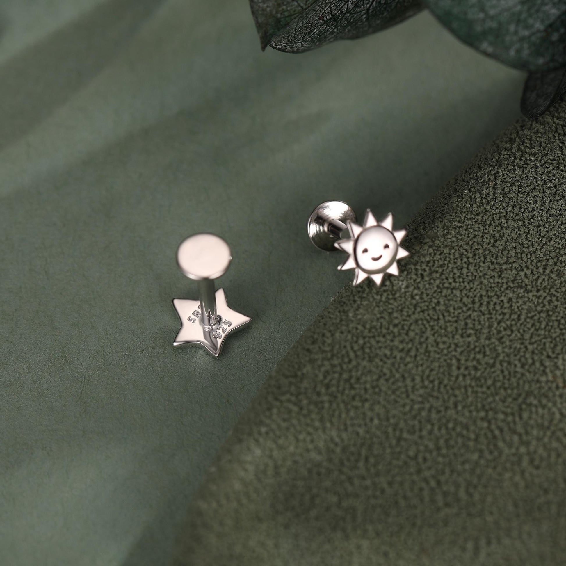 Sterling Silver Sun and Star 16G Flat Back Labret Earrings