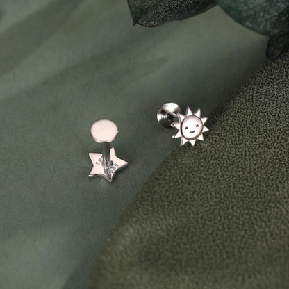 Sterling Silver Sun and Star 16G Flat Back Labret Earrings