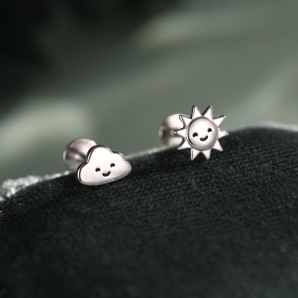 Sterling Silver Sun and Cloud 16G Flat Back Labret Earrings