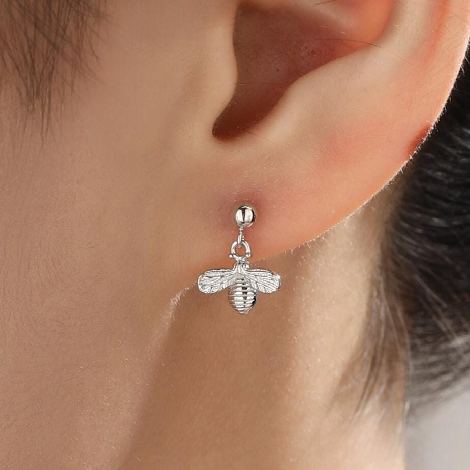Sterling Silver Honey Bee Drop Stud Earrings, Silver or Gold or Rose Gold, Delicate Bee Earrings, Honey Bee Earrings, Bumble Bee Earrings