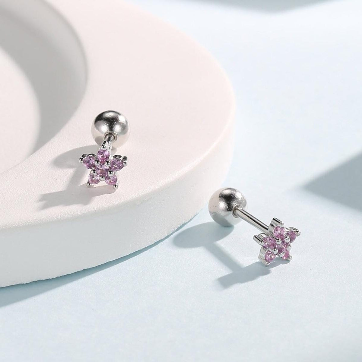 Pink Flower CZ Screw Back Earrings in Sterling Silver, Forget Me Not Floral CZ Earrings, Silver or Gold, Flower CZ Earrings