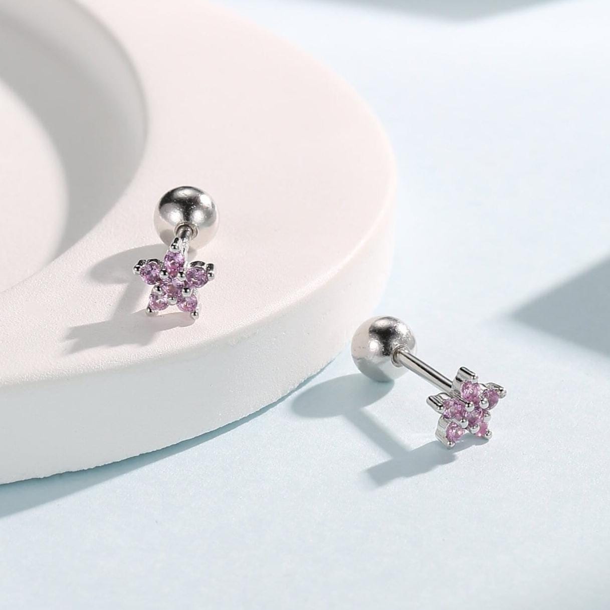 Pink Flower CZ Screw Back Earrings in Sterling Silver, Forget Me Not Floral CZ Earrings, Silver or Gold, Flower CZ Earrings