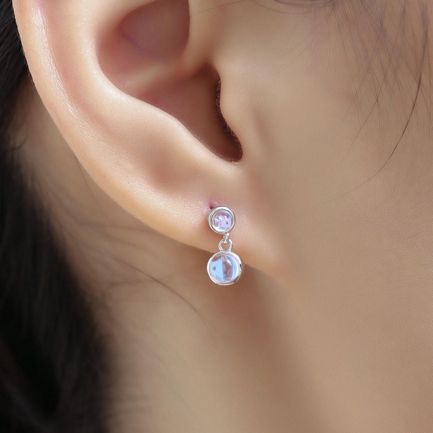Double Moonstone Dangle Earrings in Sterling Silver, Silver or Gold, Lab Moonstone Bezel Earrings, Two Moonstone Earrings