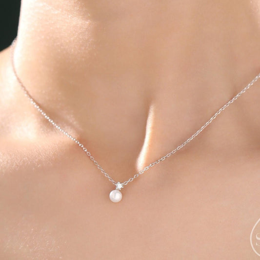 Natural Pearl and CZ Necklace in Sterling Silver with a Satellite Chain, Genuine Freshwater Pearl Pendant Necklace in Sterling Silver