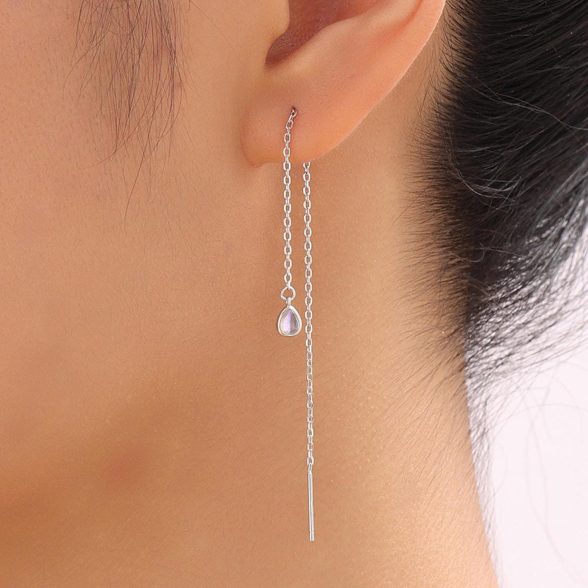 Extra Tiny Moonstone Droplet Long Threader Earrings in Sterling Silver, 3x4mm Pear Shape Lab Moonstone, Silver or Gold or Rosegold
