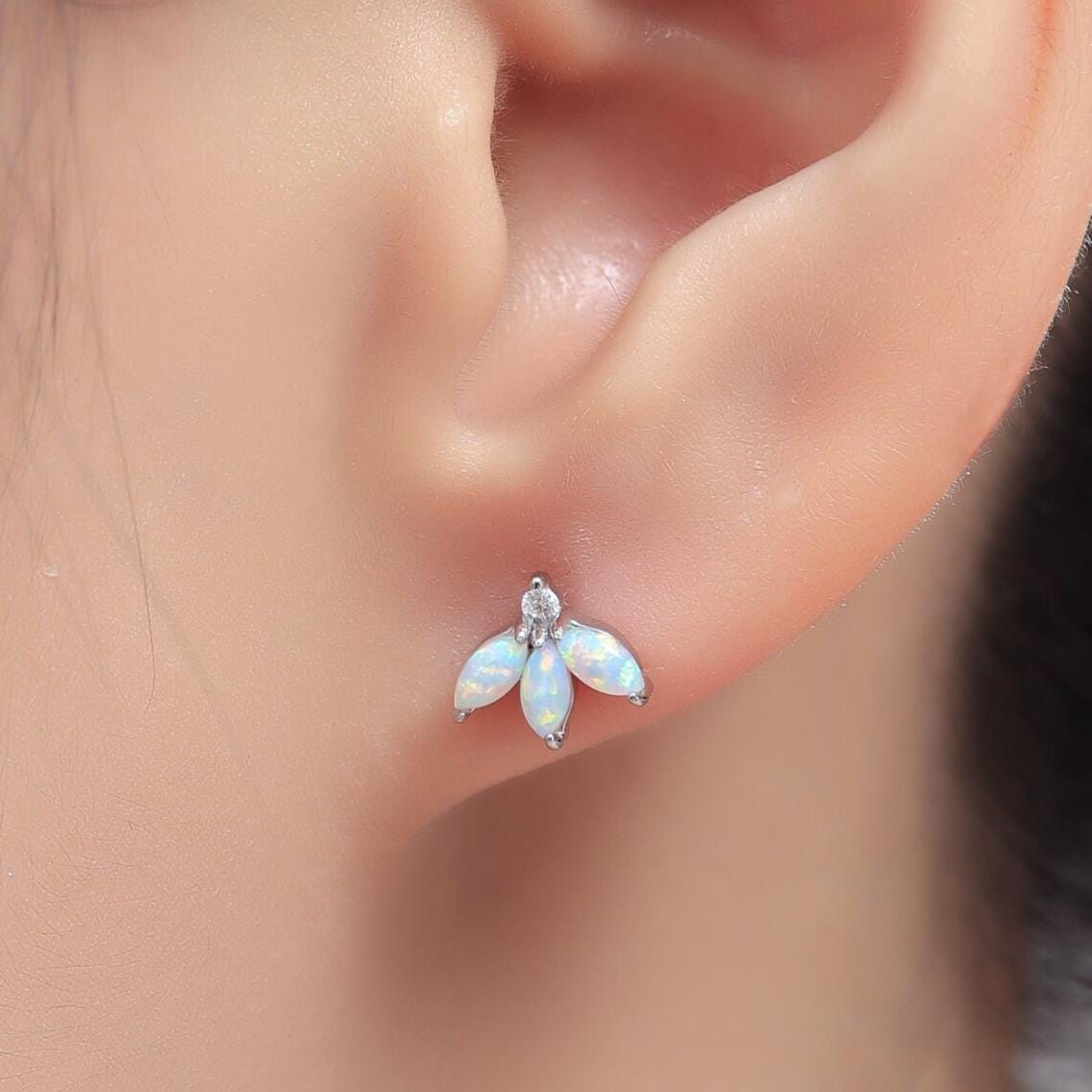Sterling Silver Aqua Green Opal Marquise Cluster CZ Stud Earrings, Marquise Fan Stud, Blue Opal Crown Stud, Gold or Silver, Minimalist