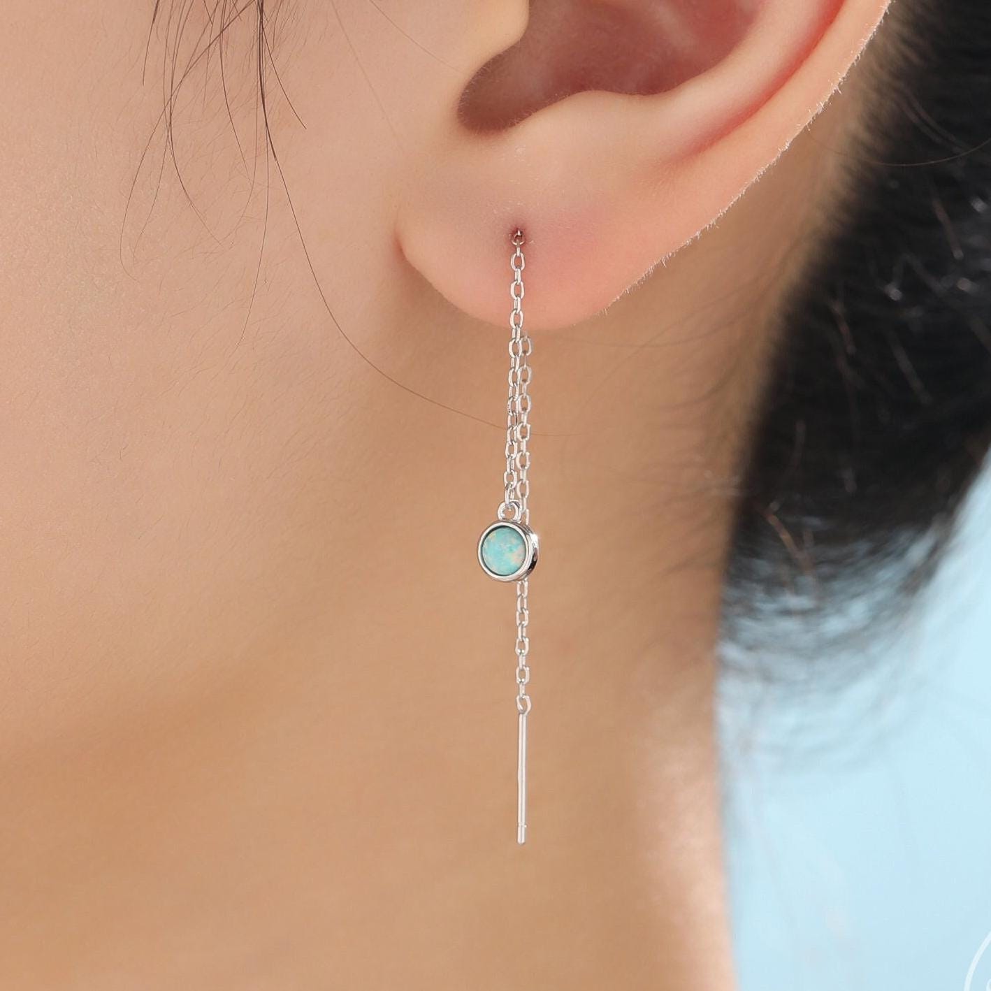 Sterling Silver Tiny Green Opal Coin Ear Threader Earrings, Silver or Gold, Lab Opal Drop Earrings, Geometric Minimalist Threader Earrings