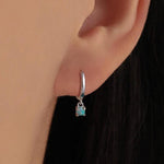Green Opal Dot Dangle Huggie Hoop Earrings in Sterling Silver, 4mm Tiny Opal Prong Set Hoops, Opal Hoops, Fire Opal Hoops