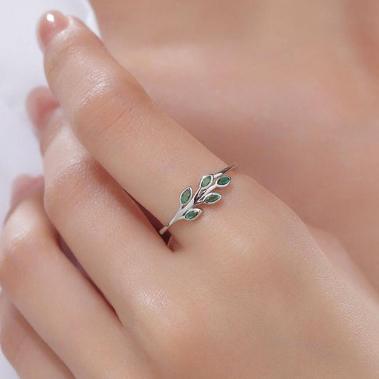 Sterling Silver Green CZ Leaf Ring, Small Olive Leaf Ring, Nature Inspired Leaf Ring, Green Leaf Ring