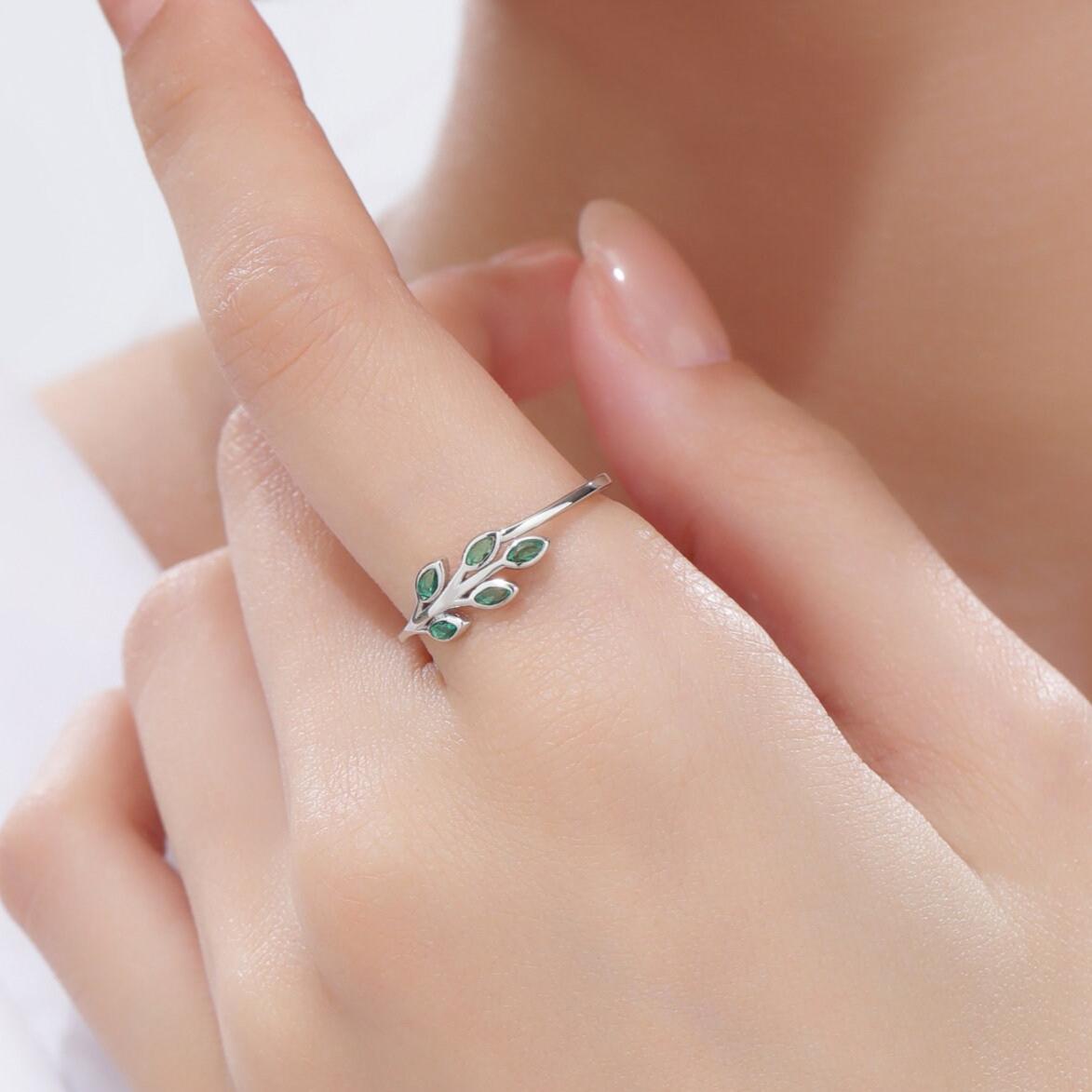 Sterling Silver Green CZ Leaf Ring, Small Olive Leaf Ring, Nature Inspired Leaf Ring, Green Leaf Ring