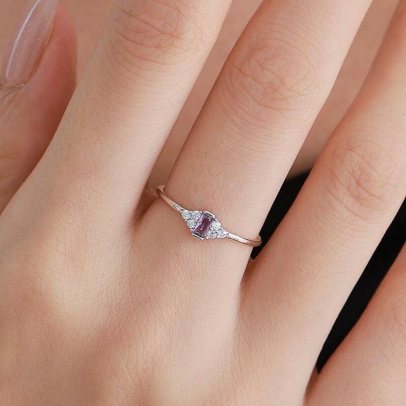 Vintage Inspired Lilac Purple CZ Ring in Sterling Silver, Baguette Ring, Silver or Gold, Delicate Sapphire Ring, Size US 5 - 8