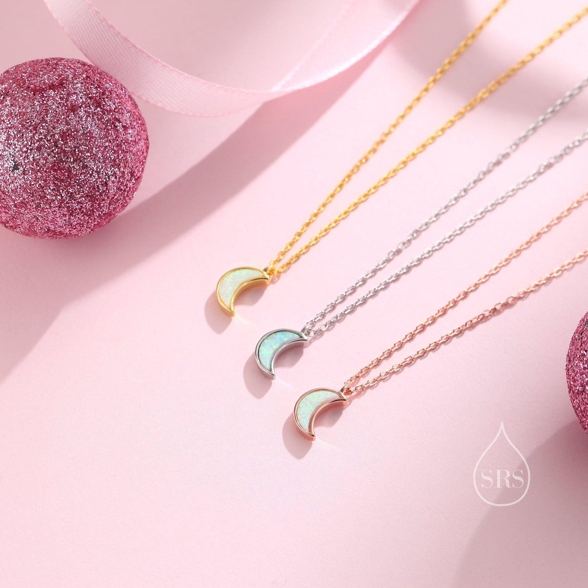 Extra Tiny Opal Moon Necklace in Sterling Silver, Silver or Gold or Rose Gold, Blue Opal or White Opal Necklace