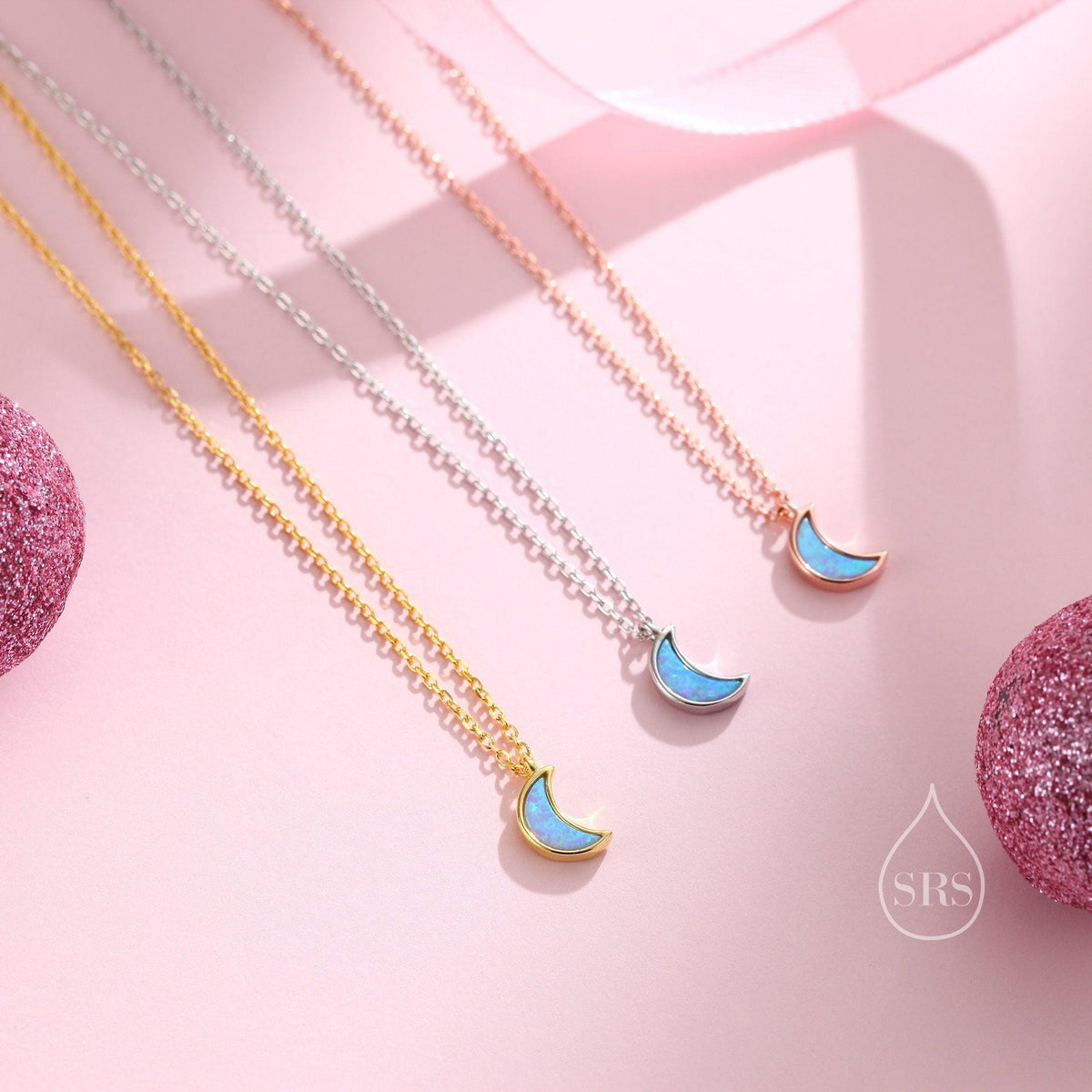 Extra Tiny Opal Moon Necklace in Sterling Silver, Silver or Gold or Rose Gold, Blue Opal or White Opal Necklace