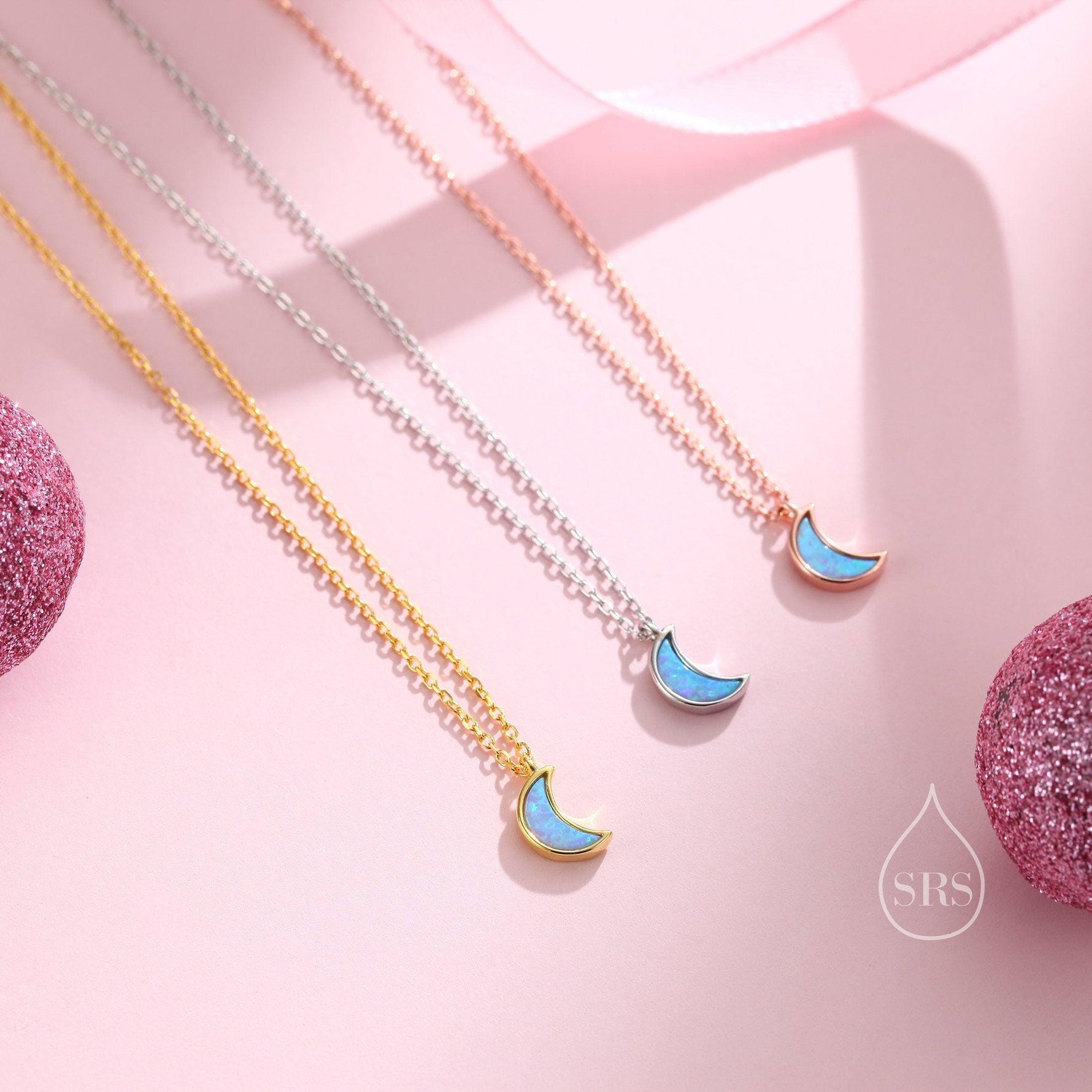 Extra Tiny Opal Moon Necklace in Sterling Silver, Silver or Gold or Rose Gold, Blue Opal or White Opal Necklace