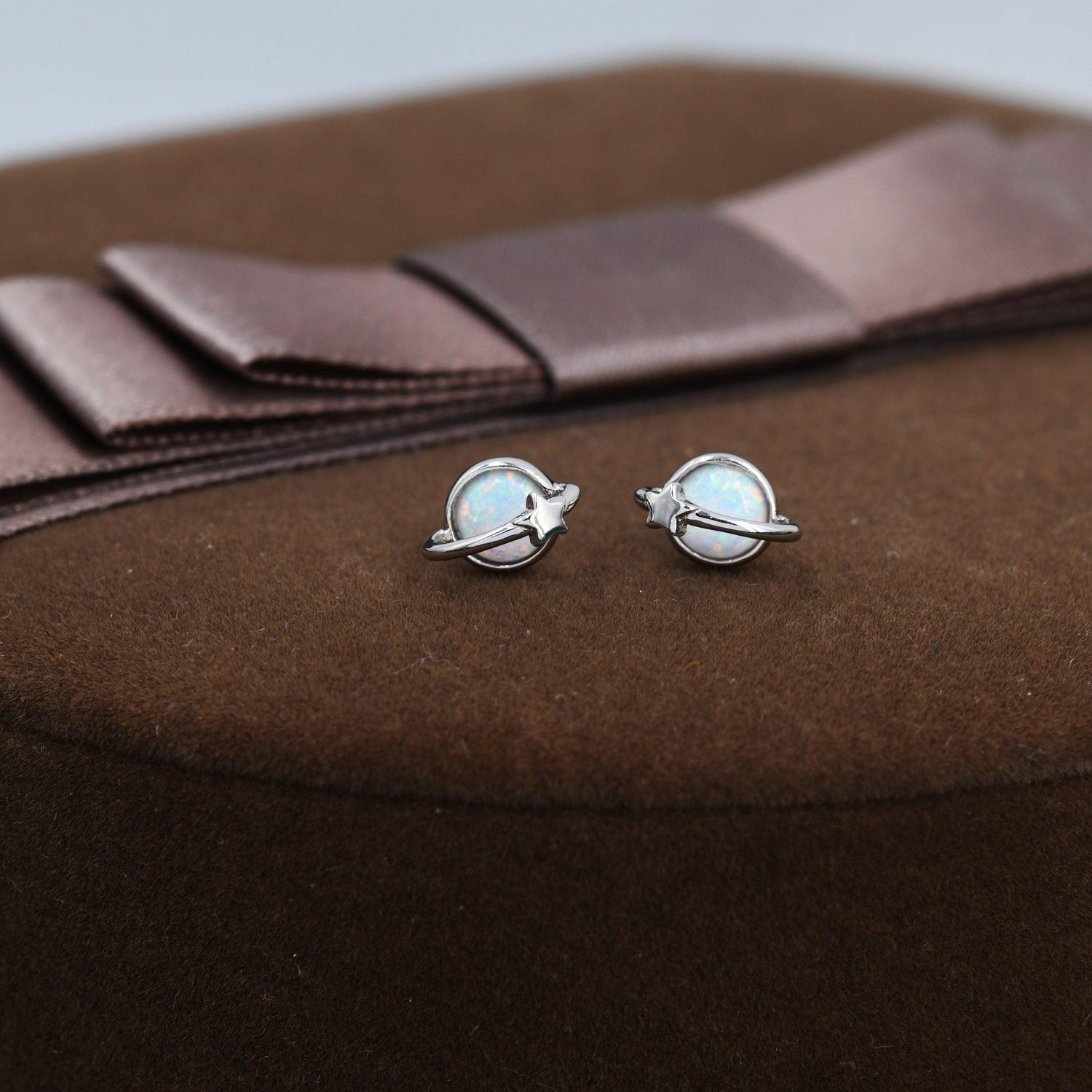 Opal Crystal Planet Stud Earrings in Sterling Silver, Lab Opal Planet Earrings, Fire Opal Saturn Earrings