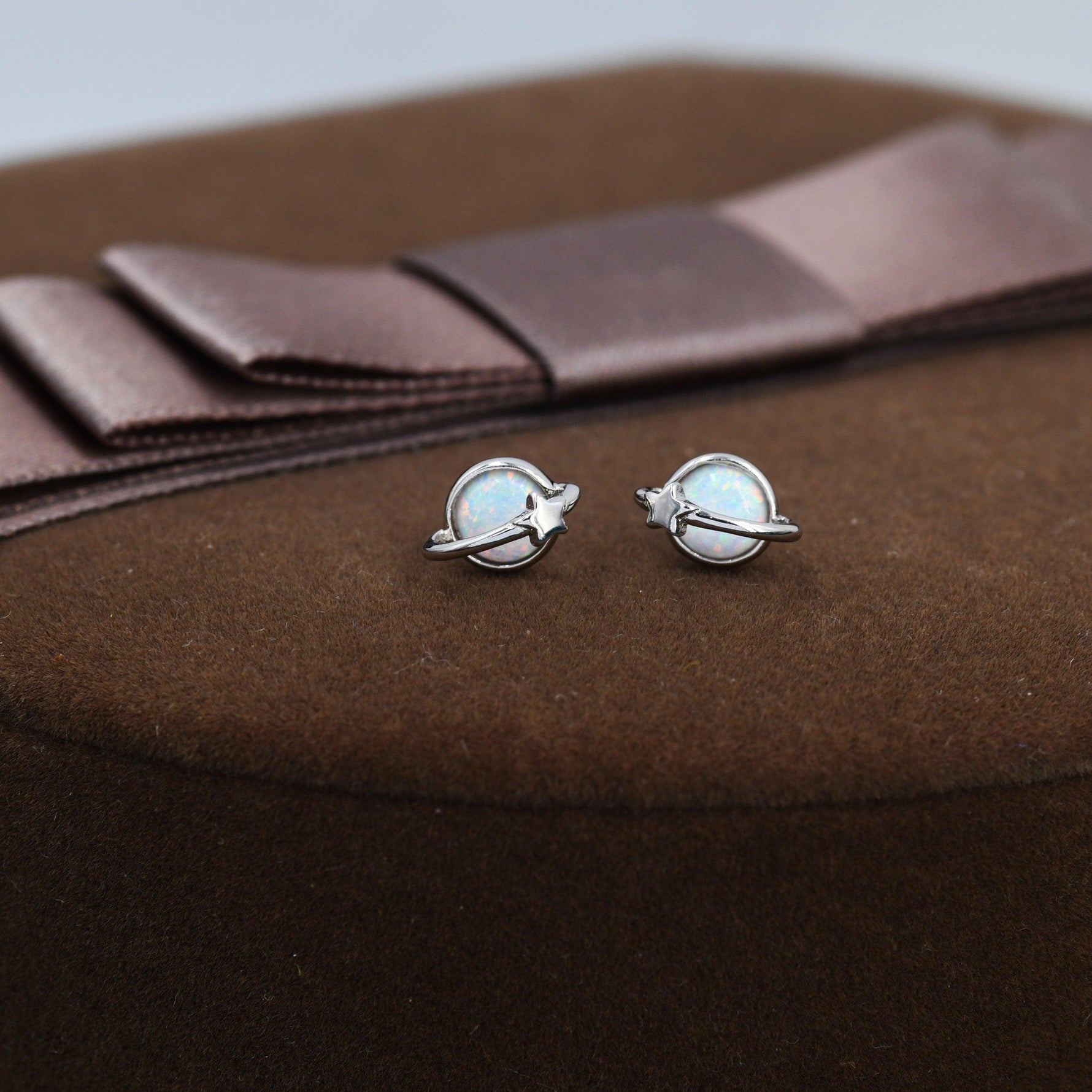 Opal Crystal Planet Stud Earrings in Sterling Silver, Lab Opal Planet Earrings, Fire Opal Saturn Earrings