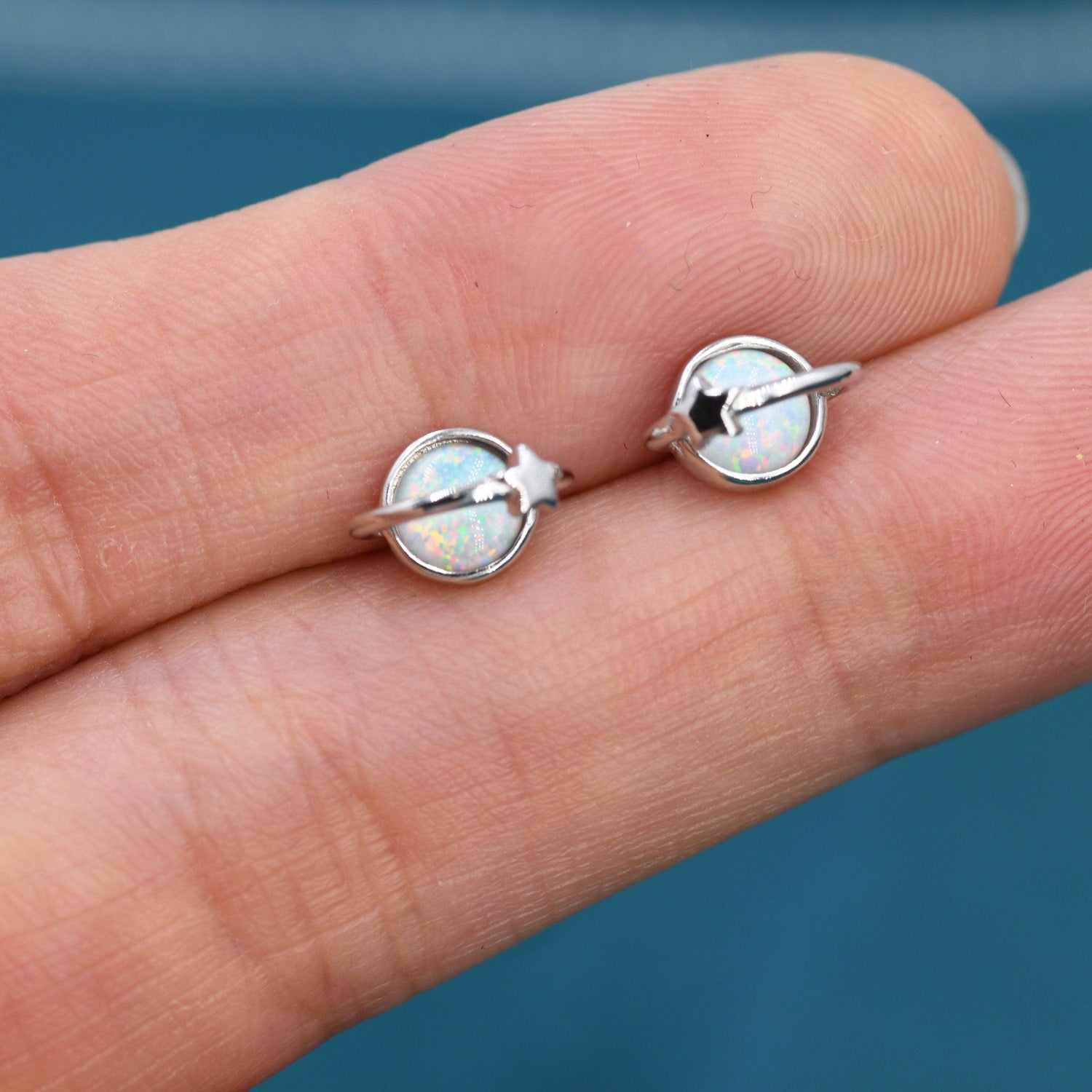 Opal Crystal Planet Stud Earrings in Sterling Silver, Lab Opal Planet Earrings, Fire Opal Saturn Earrings