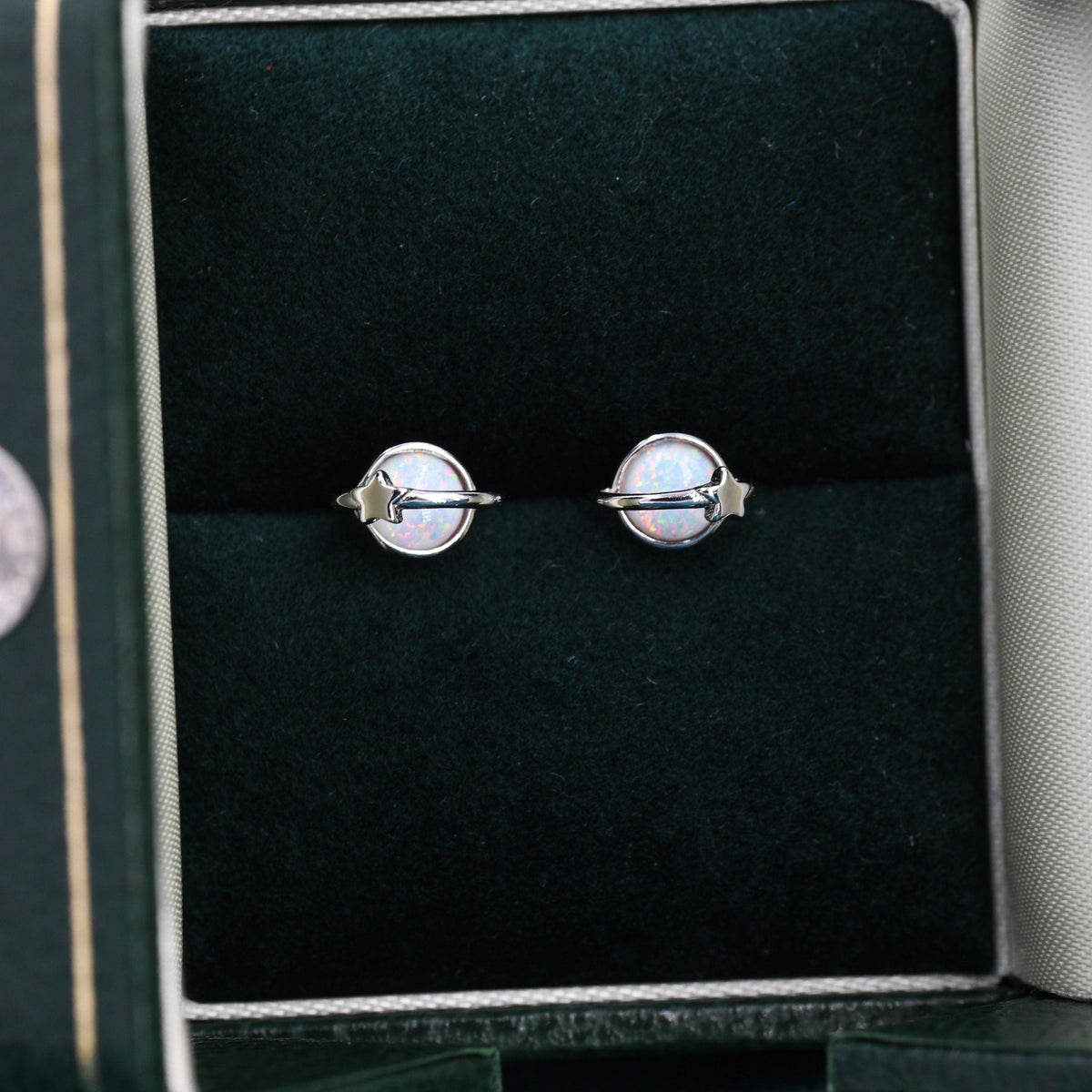 Opal Crystal Planet Stud Earrings in Sterling Silver, Lab Opal Planet Earrings, Fire Opal Saturn Earrings