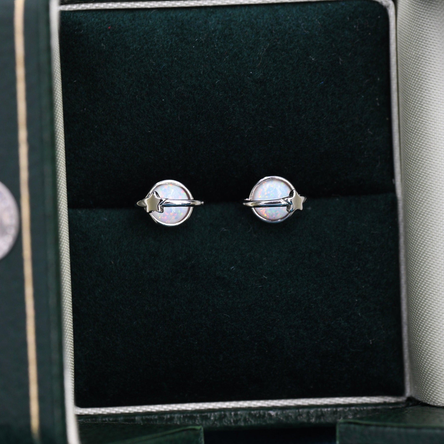 Opal Crystal Planet Stud Earrings in Sterling Silver, Lab Opal Planet Earrings, Fire Opal Saturn Earrings