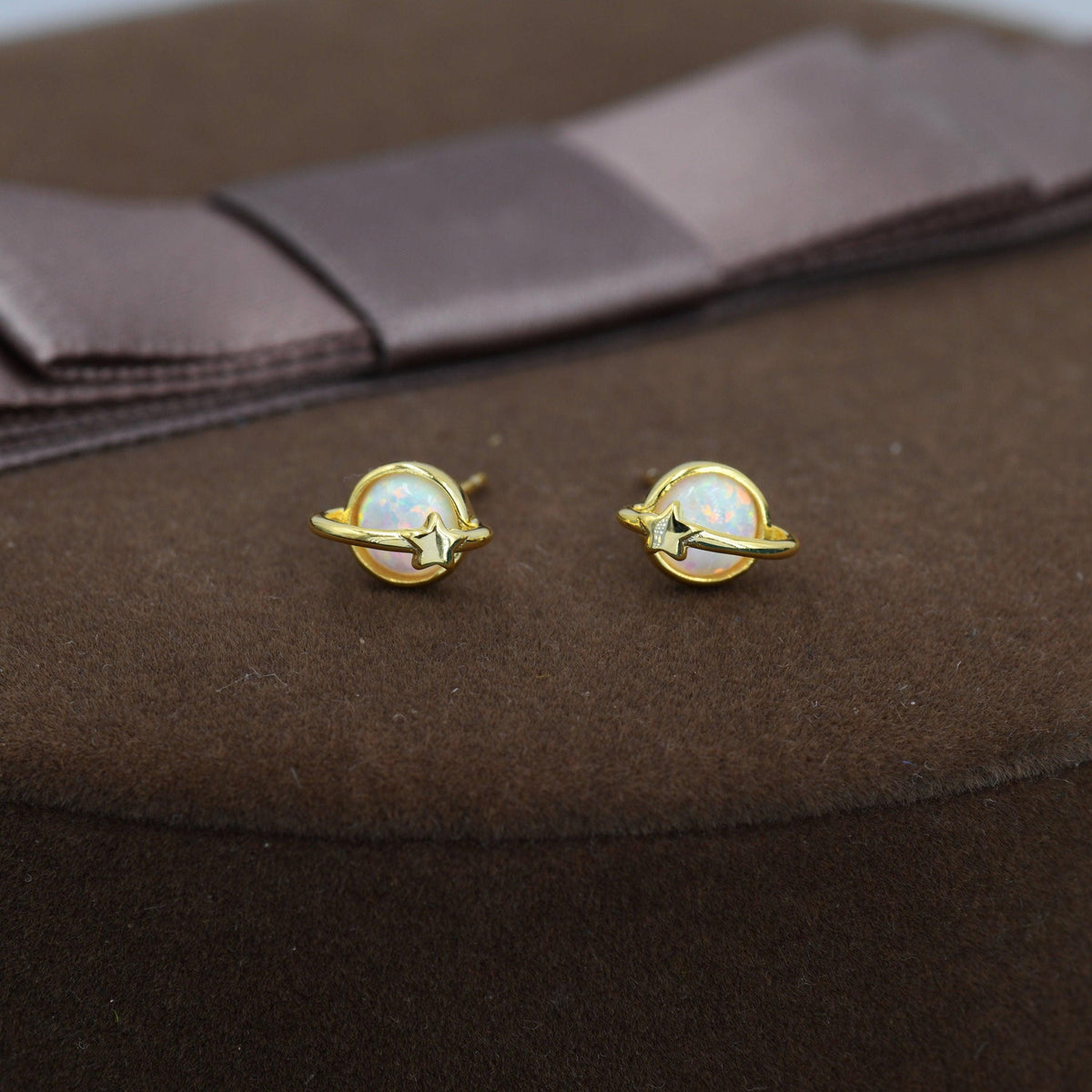 Opal Crystal Planet Stud Earrings in Sterling Silver, Lab Opal Planet Earrings, Fire Opal Saturn Earrings