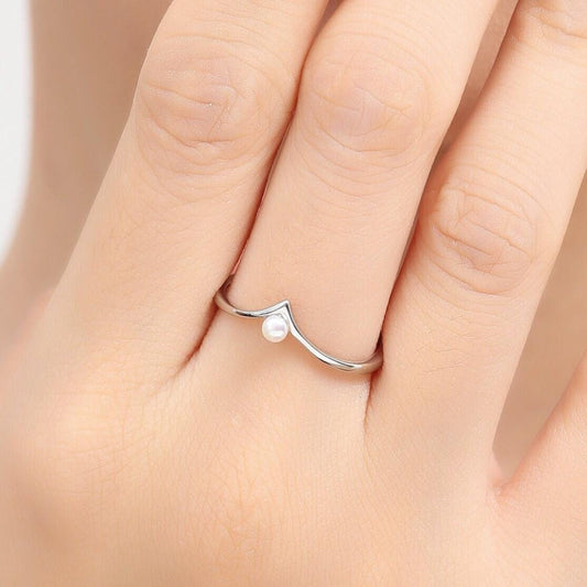 Minimalist Natural Pearl V Ring in Sterling Silver, 3mm Genuine Freshwater Chevron Ring, Adjustable Size Tiara Ring, Real Pearl V Ring