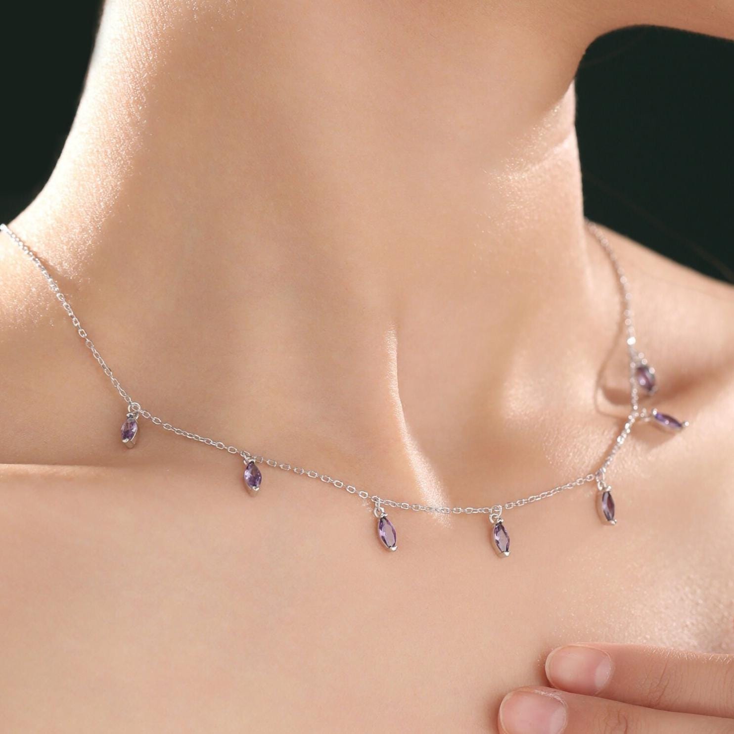 Amethyst Purple CZ Marquise Pendant Necklace in Sterling Silver, Silver or Gold, Marquise Charm Necklace, Droplet Satellite Necklace
