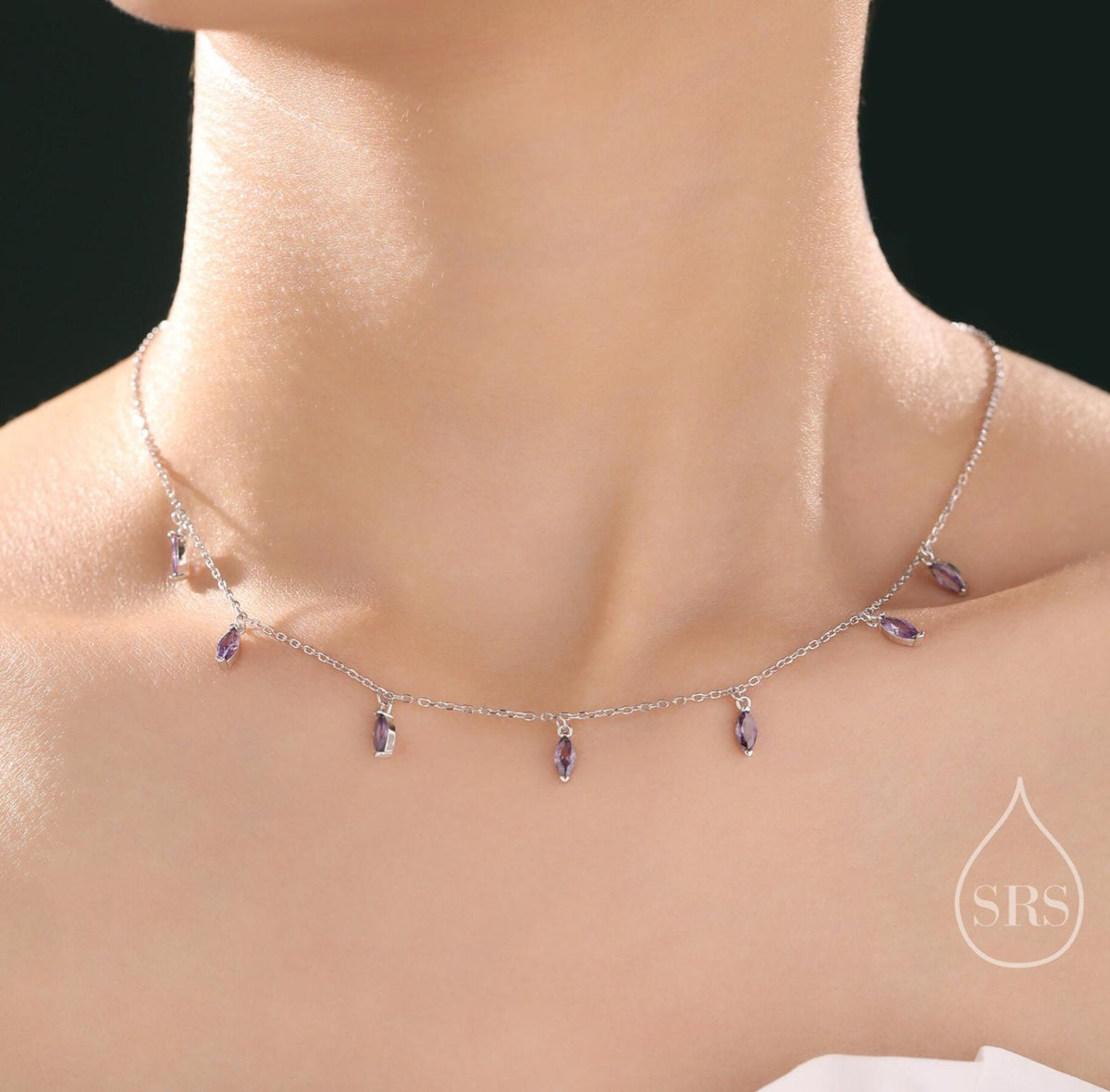 Amethyst Purple CZ Marquise Pendant Necklace in Sterling Silver, Silver or Gold, Marquise Charm Necklace, Droplet Satellite Necklace