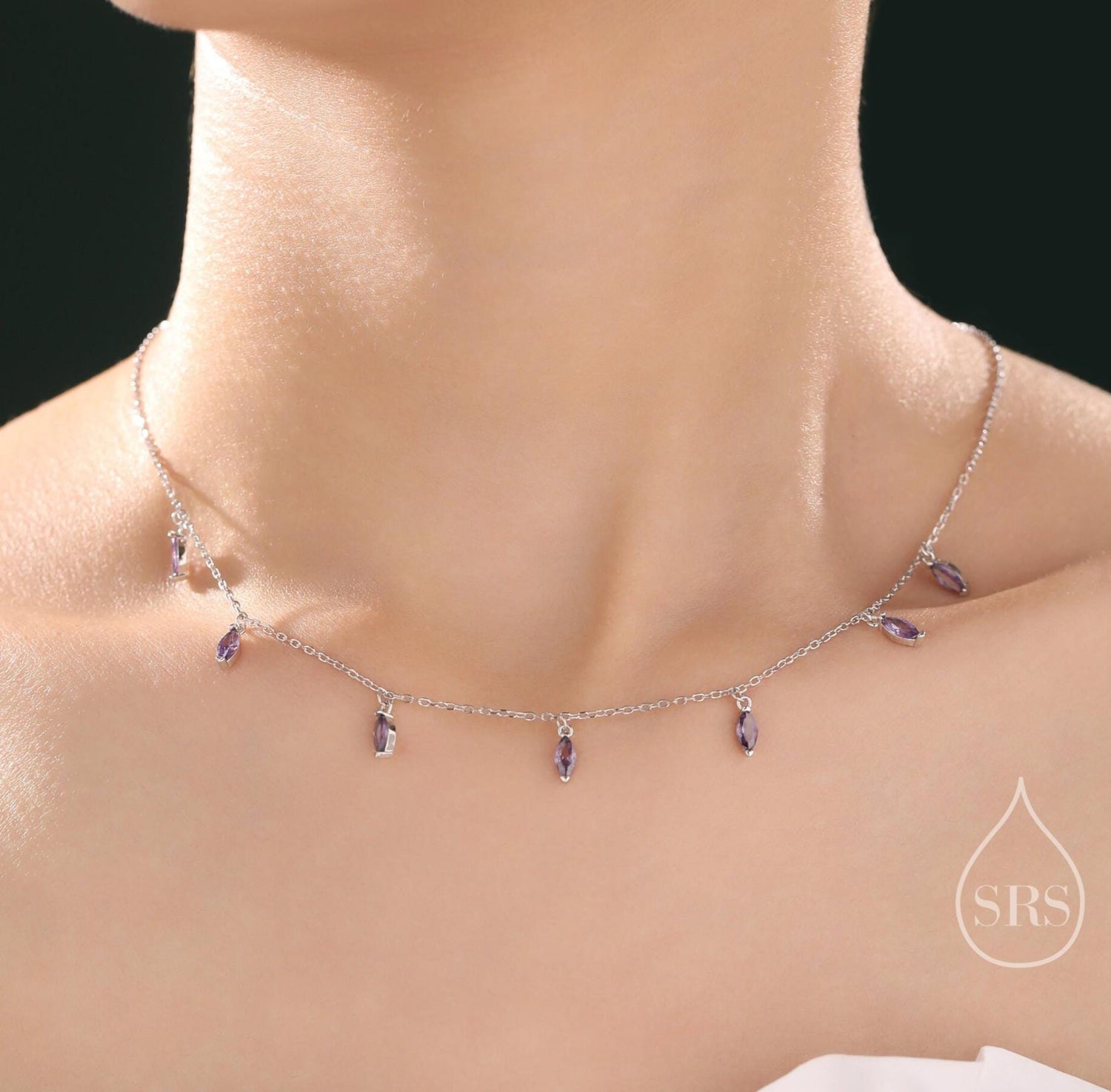 Amethyst Purple CZ Marquise Pendant Necklace in Sterling Silver, Silver or Gold, Marquise Charm Necklace, Droplet Satellite Necklace