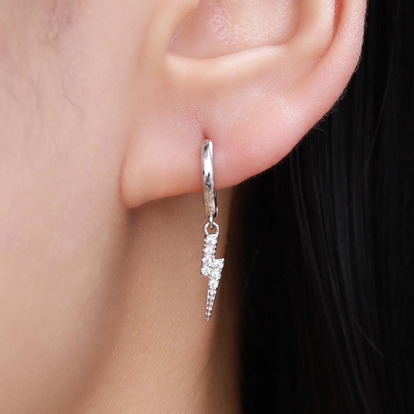 CZ Lightning Bolt Huggie Hoop Earrings in Sterling Silver, Silver or Gold, Lightening Bolt Hoop Earrings, Lightning Bolt