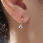 Huggie Hoop Earrings in Sterling Silver with Evil Eye Protection Charm, Hoop Earrings, Dangling, Fatima Hand