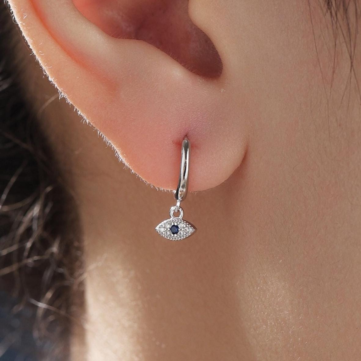 Huggie Hoop Earrings in Sterling Silver with Evil Eye Protection Charm, Hoop Earrings, Dangling, Fatima Hand