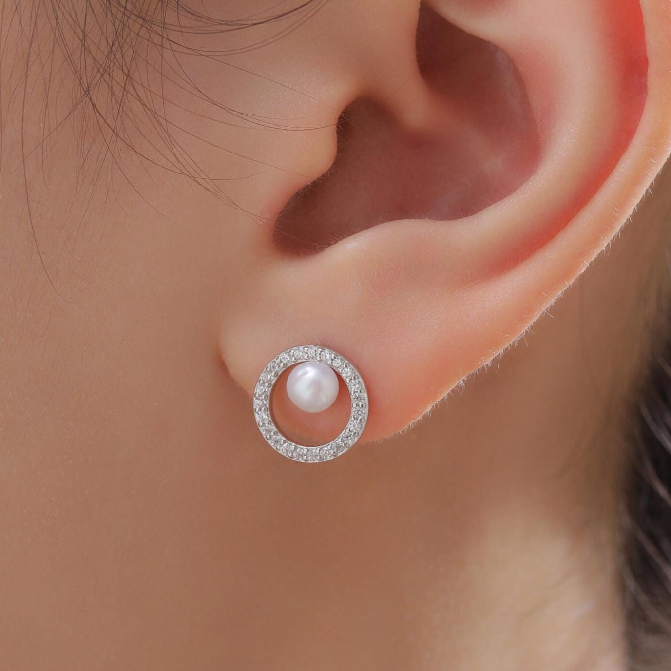 Pave Circle with Pearls Stud Earrings in Sterling Silver, CZ Pave, Genuine Freshwater Pearls