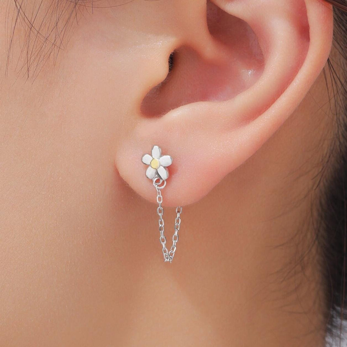 Daisy Chain Jacket Earrings in Sterling Silver, Daisy Flower with Dangle Chain Ear Jacket, Flower Front and Back Chain Earrings