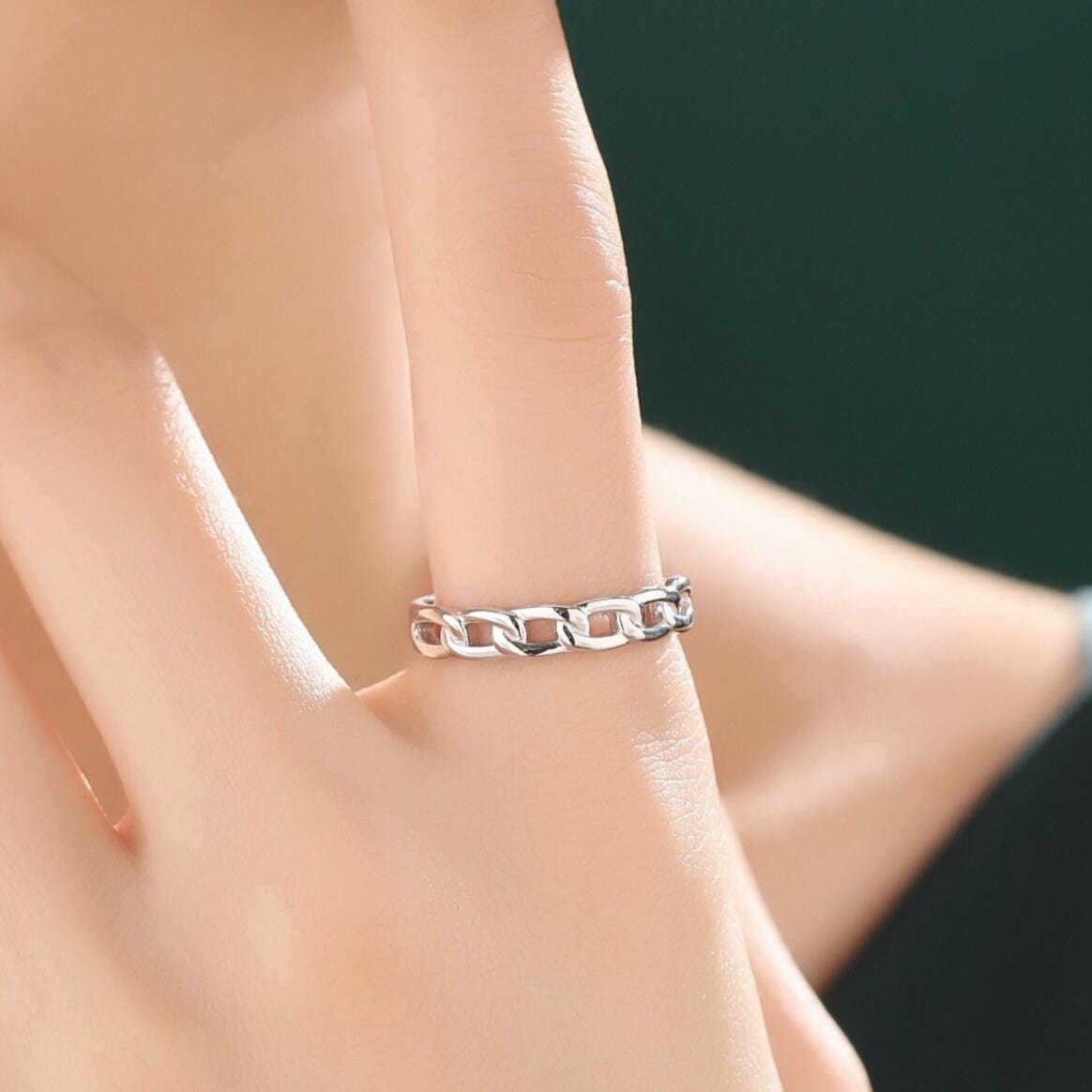Sterling Silver Delicate Curb Chain Ring, Adjustable Size, Minimalist Link Chain Ring, Simple Chain Ring, Knot Ring