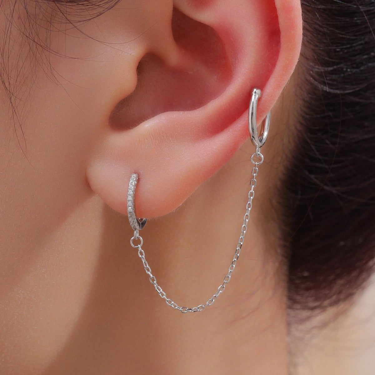 CZ Hoop and Cuff Huggie Hoop Earrings in Sterling Silver, Available in Silver, Gold or Rose Gold, Chain Dangle Earrings, Chain Hoops
