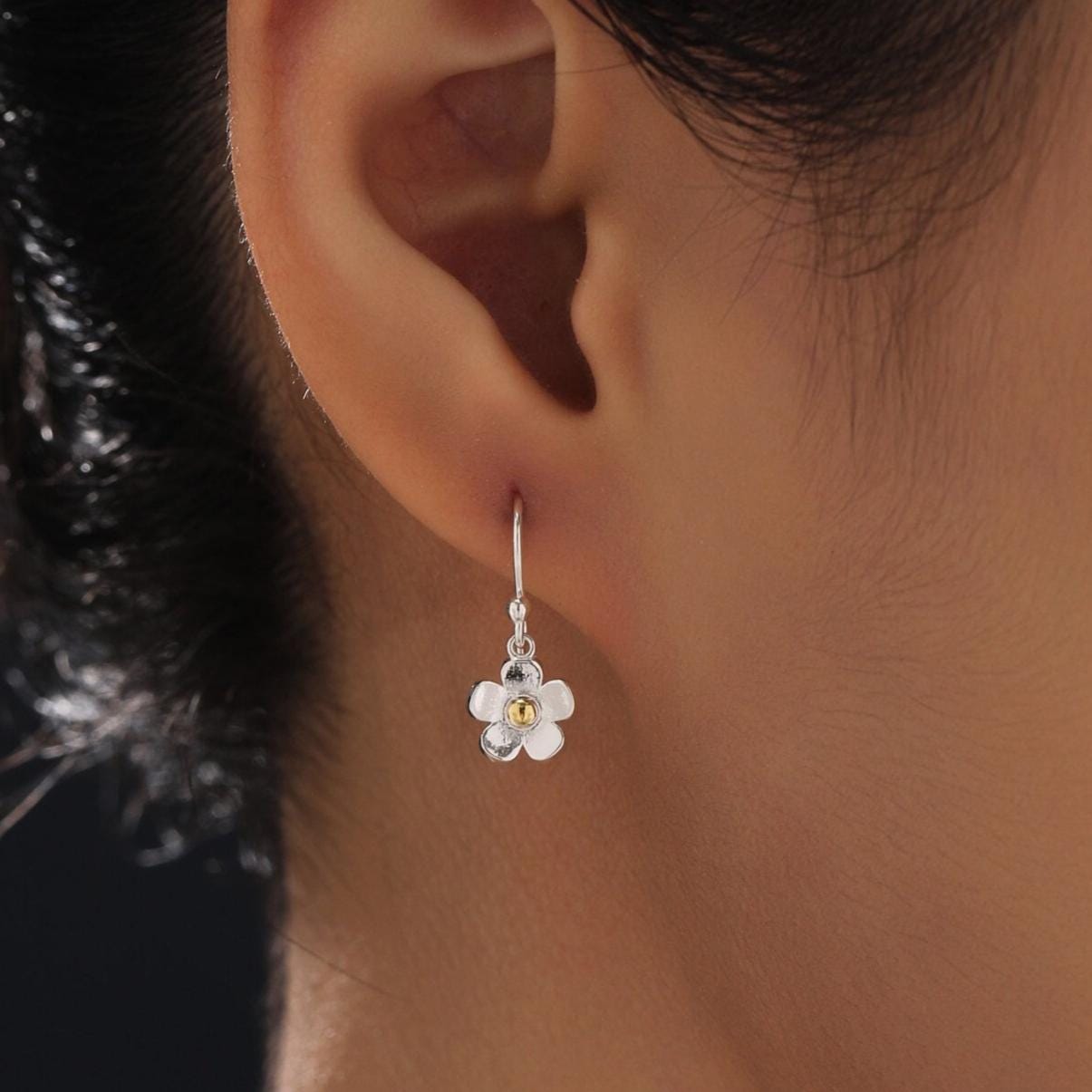 Tiny Forget Me Not Flower Drop Hook Earrings in Sterling Silver, Partial Gold, Flower hoop Earrings, Daisy Floral Earrings