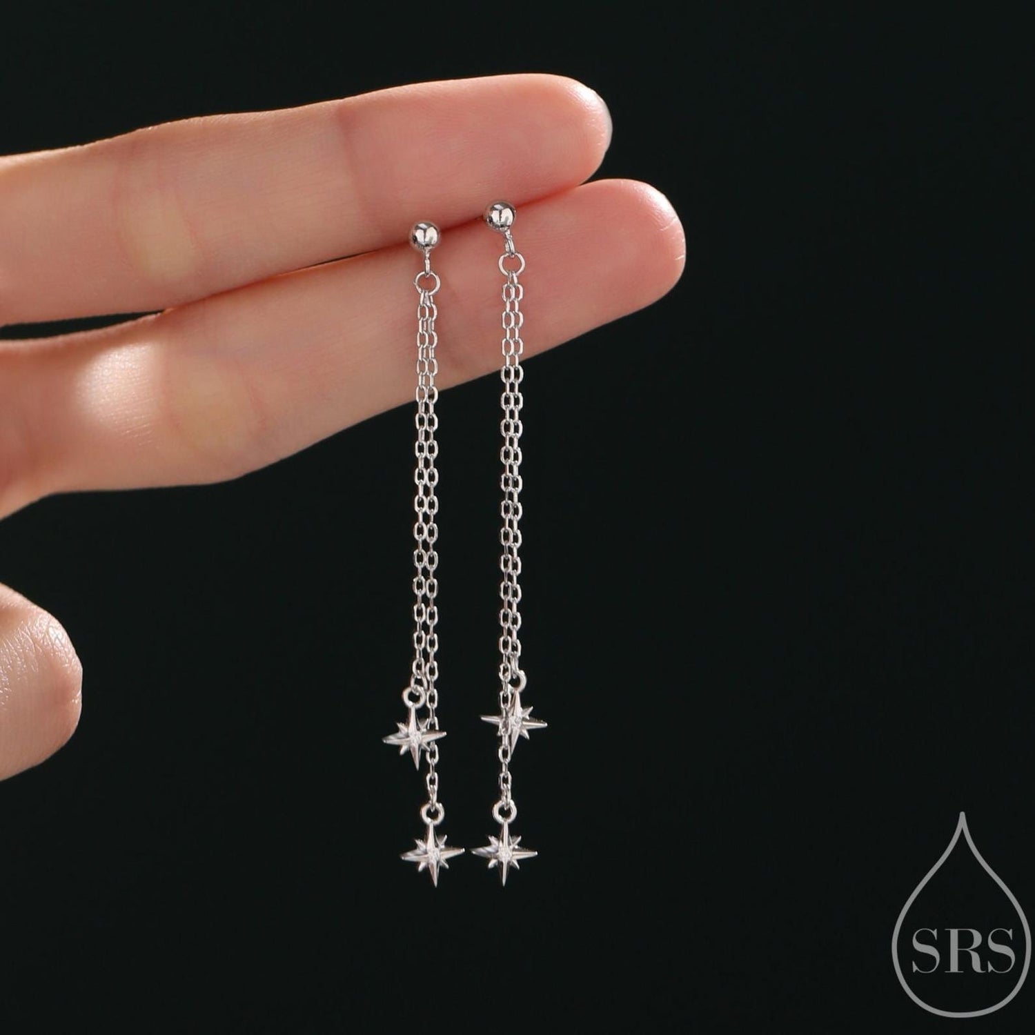 Minimalist Shooting Star Drop Stud Earrings in Sterling Silver, Silver or Gold or Rose Gold, Tiny Starburst Chain Dangle Earrings