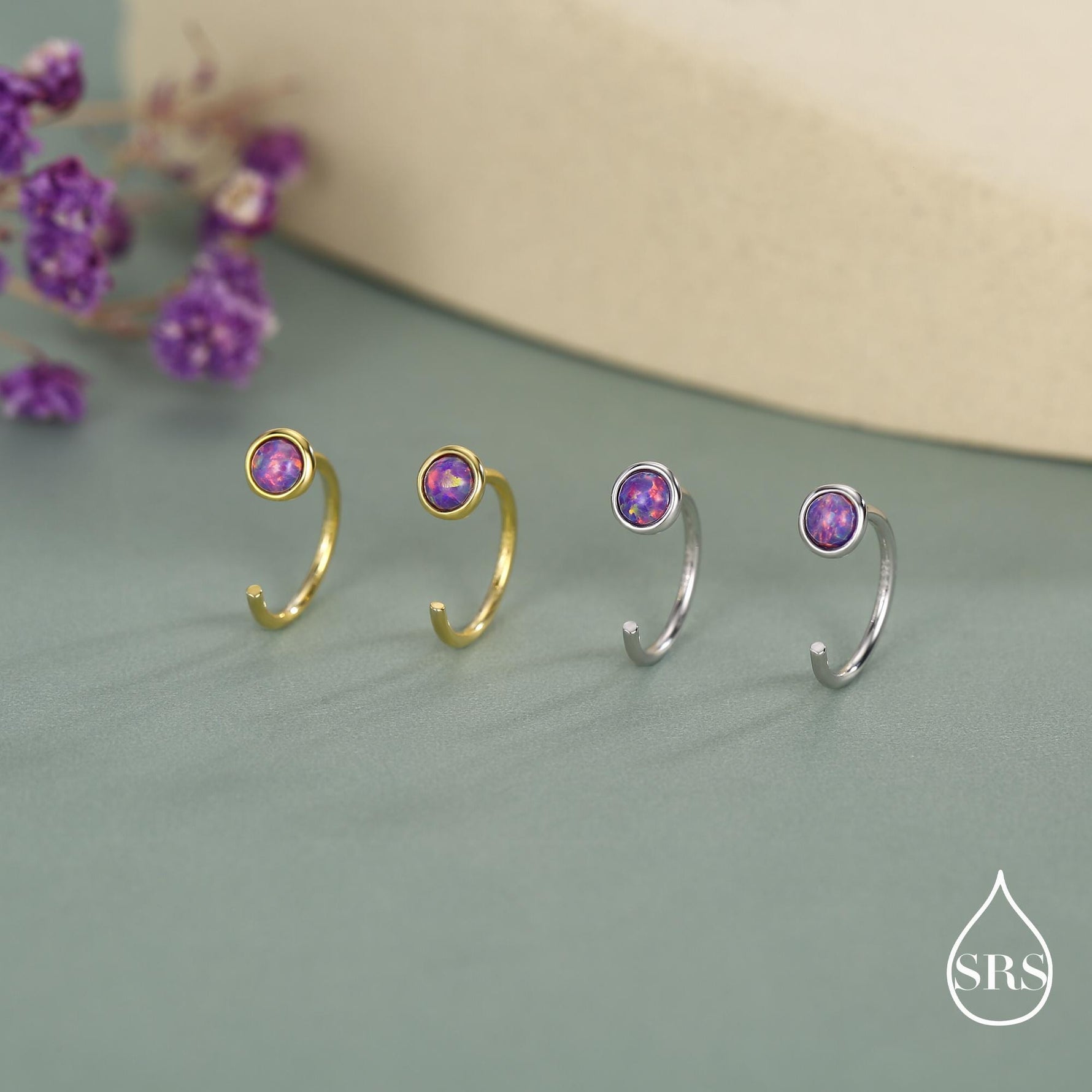 Minimalist Purple Opal Huggie Hoop Threader Earrings in Sterling Silver, Gold or Silver, Pull Through Open Hoop Earrings