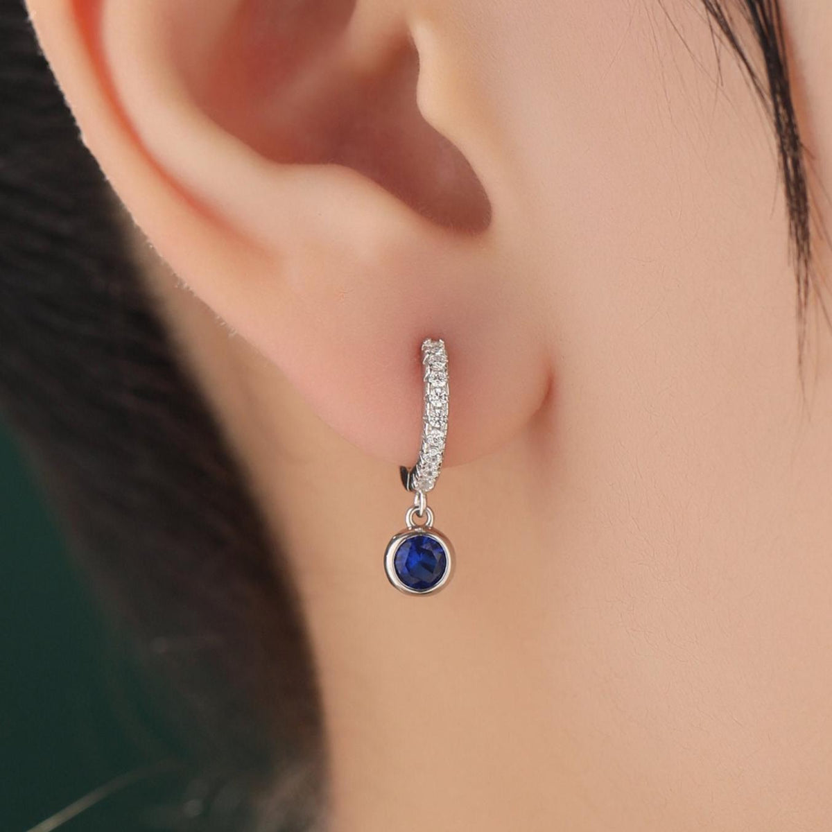 Sapphire Blue CZ Dangle Huggie Hoop in Sterling Silver, Silver or Gold, Skinny CZ Dangle Earrings, CZ Hoops