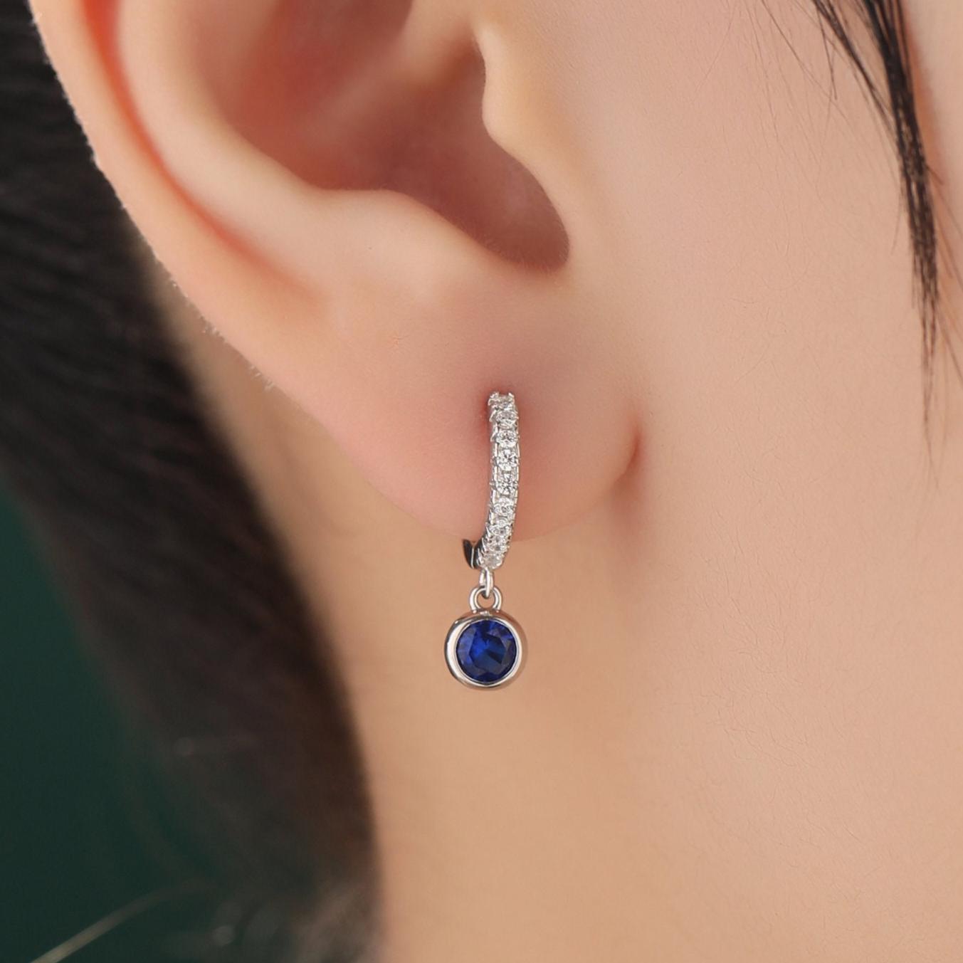 Sapphire Blue CZ Dangle Huggie Hoop in Sterling Silver, Silver or Gold, Skinny CZ Dangle Earrings, CZ Hoops