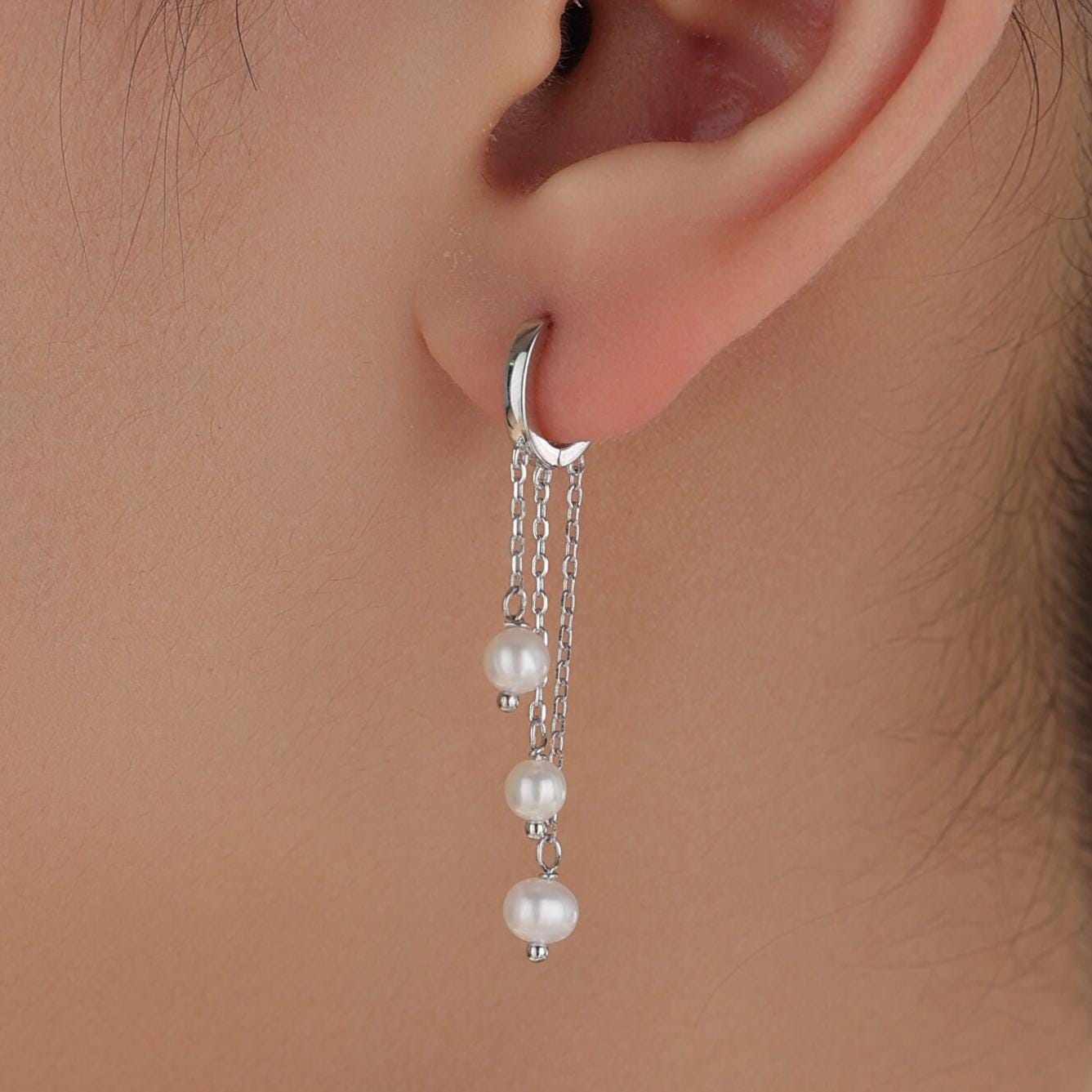 Natural Freshwater Pearl Trio Huggie Hoop Earrings in Sterling Silver, Pearl Cascade Dangle Chain Earrings, Gold and Silver