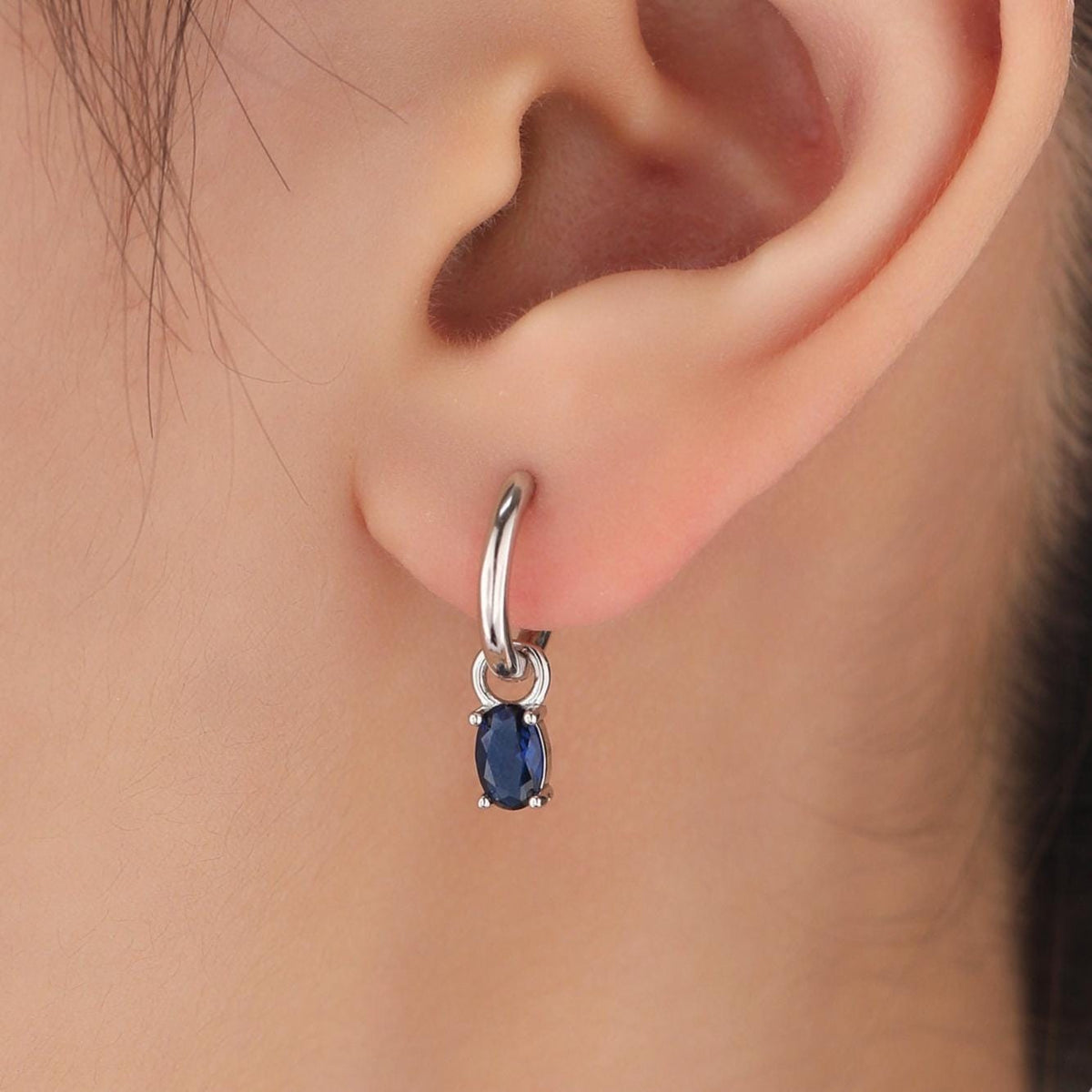 Oval Sapphire Blue CZ Huggie Hoop in Sterling Silver, Silver or Gold, Minimalist Simple Hoop Earrings, Detachable and Interchangeable