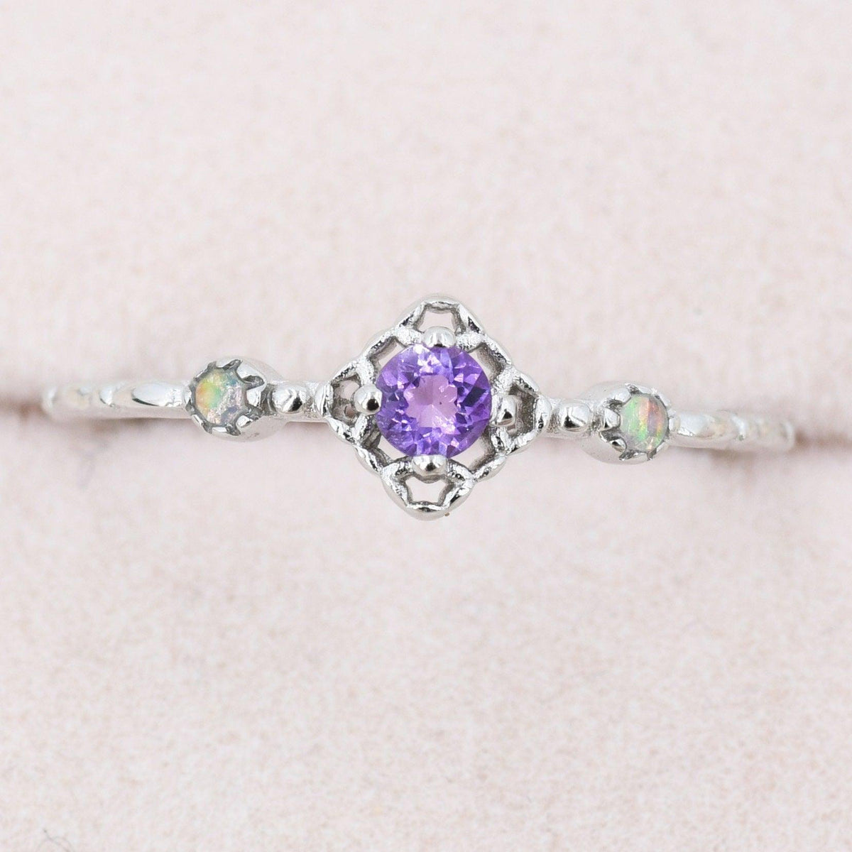 Natural Amethyst and Opal Ring in Sterling Silver, Silver or Gold, Natural purple Amethyst Ring, Vintage Inspired Design, US 5-8