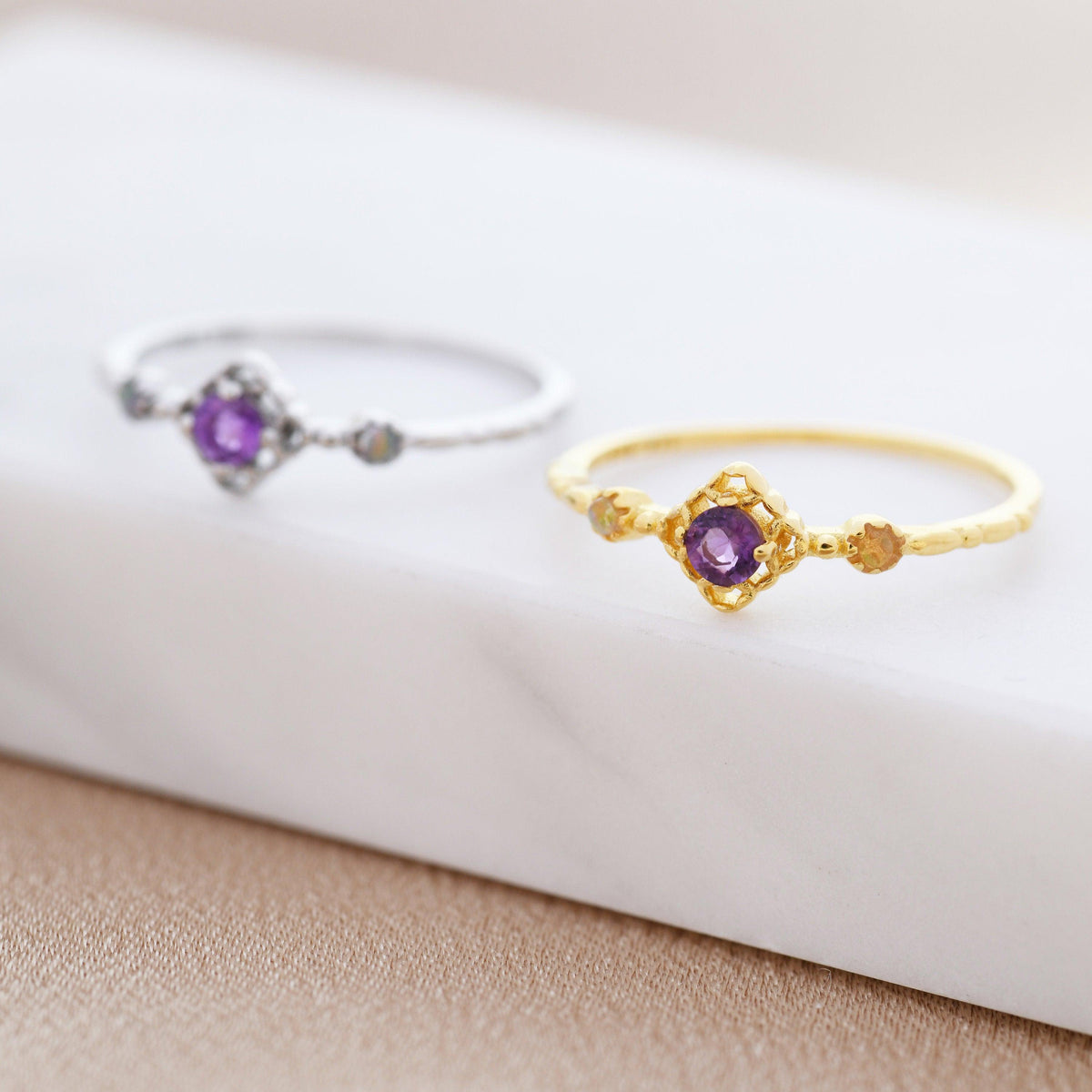 Natural Amethyst and Opal Ring in Sterling Silver, Silver or Gold, Natural purple Amethyst Ring, Vintage Inspired Design, US 5-8
